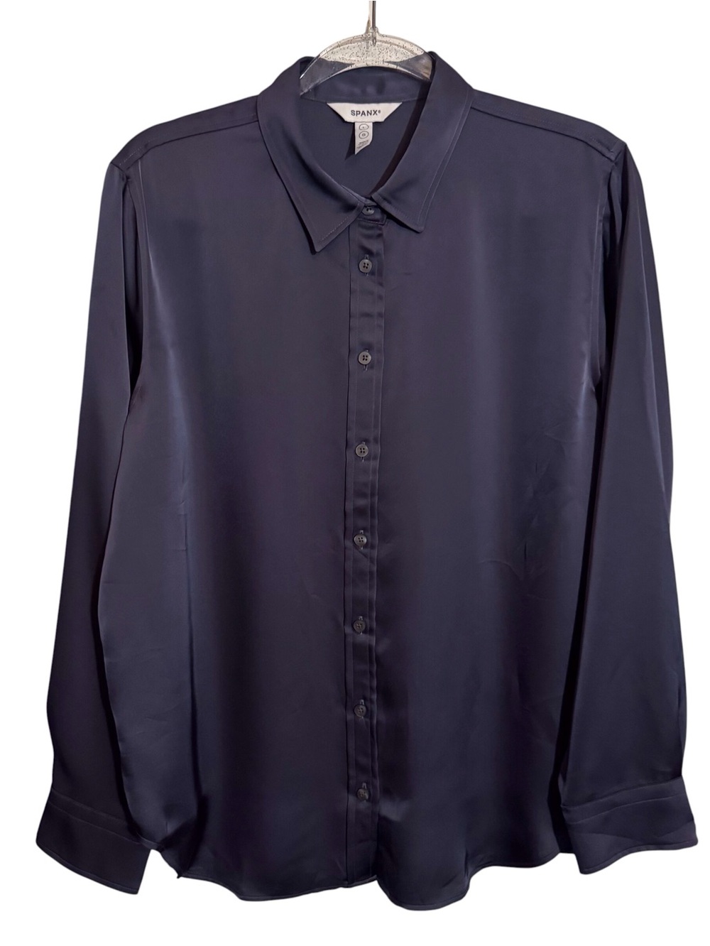 Spanx Size Large Gray Better Than Silk Button Up Top Satin Long Sleeve Shirt